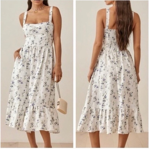 NEW Reformation Maegan Linen Dress Floral White Midi Dress Madeleine | US 0 UK 4 - Picture 2 of 12